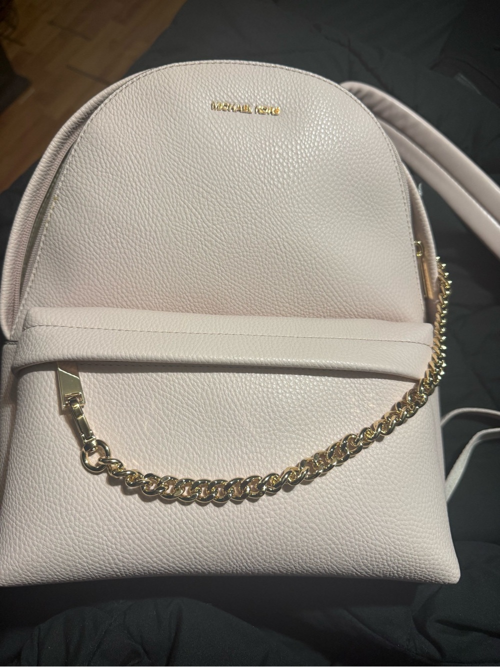 Michael Kors Mini Pebbled Leather Backpack in Pale Pink with Gold Chain
